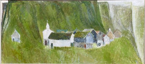 "Built on a green mountain" Faroe Islands, oil painting with silver frame in 
original condition.