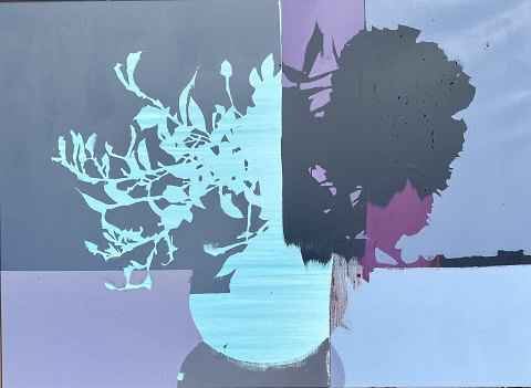 "Composition" Acrylic painting on canvas" The painting is mounted in a wide 
solid oak frame.