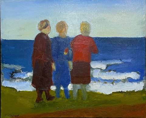 "Women on the Beach" Oil painting in a silver frame, the painting has some cracks, sold for a customer.