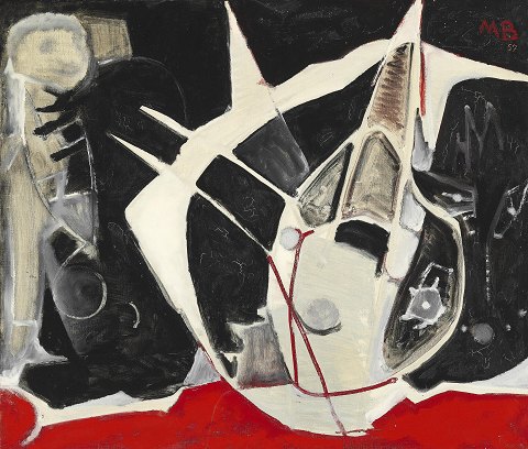"Red, black and white composition" Oil painting on canvas in a gold frame.