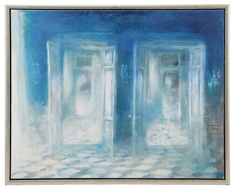 "Double Room" Oil painting on canvas in silver frame.