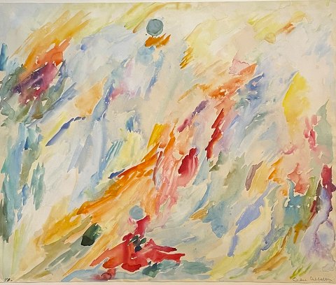 "Cobra composition" from Cobra in 1948. Watercolor on paper behind glass. The frame is covered with gold.