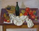 "Still life with clothing, fruits and bottle on the table" The painting carries 
some crackles, the canvas is probably duplicated. Oil on canvas.